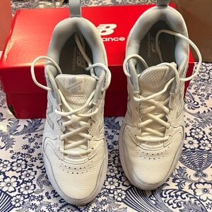 New Balance White and Light Gray Leather Sneakers